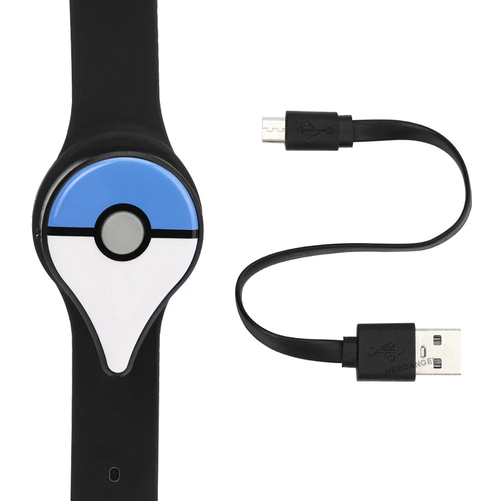 Auto Catch Powermon Go Plus smart Bluetooth wristband with Poké Ball design and USB charging cable