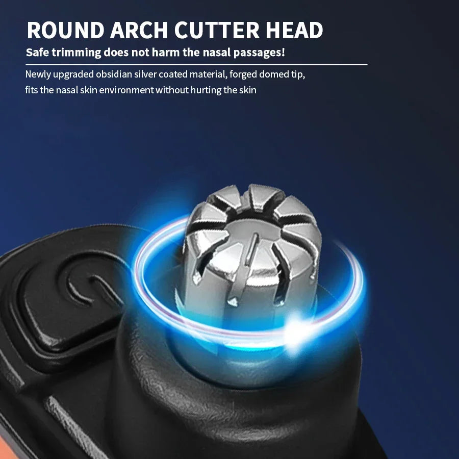 Close-up of 2-in-1 electric ear and nose hair trimmer with round arch cutter head for safe, painless grooming