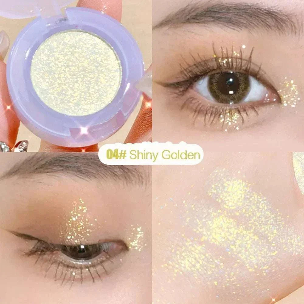 Diamond Glitter Monochrome Eyeshadow Palette in shiny golden shade with sparkling shimmer on eyelids and close-up of eye makeup showing vibrant glitter finish.
