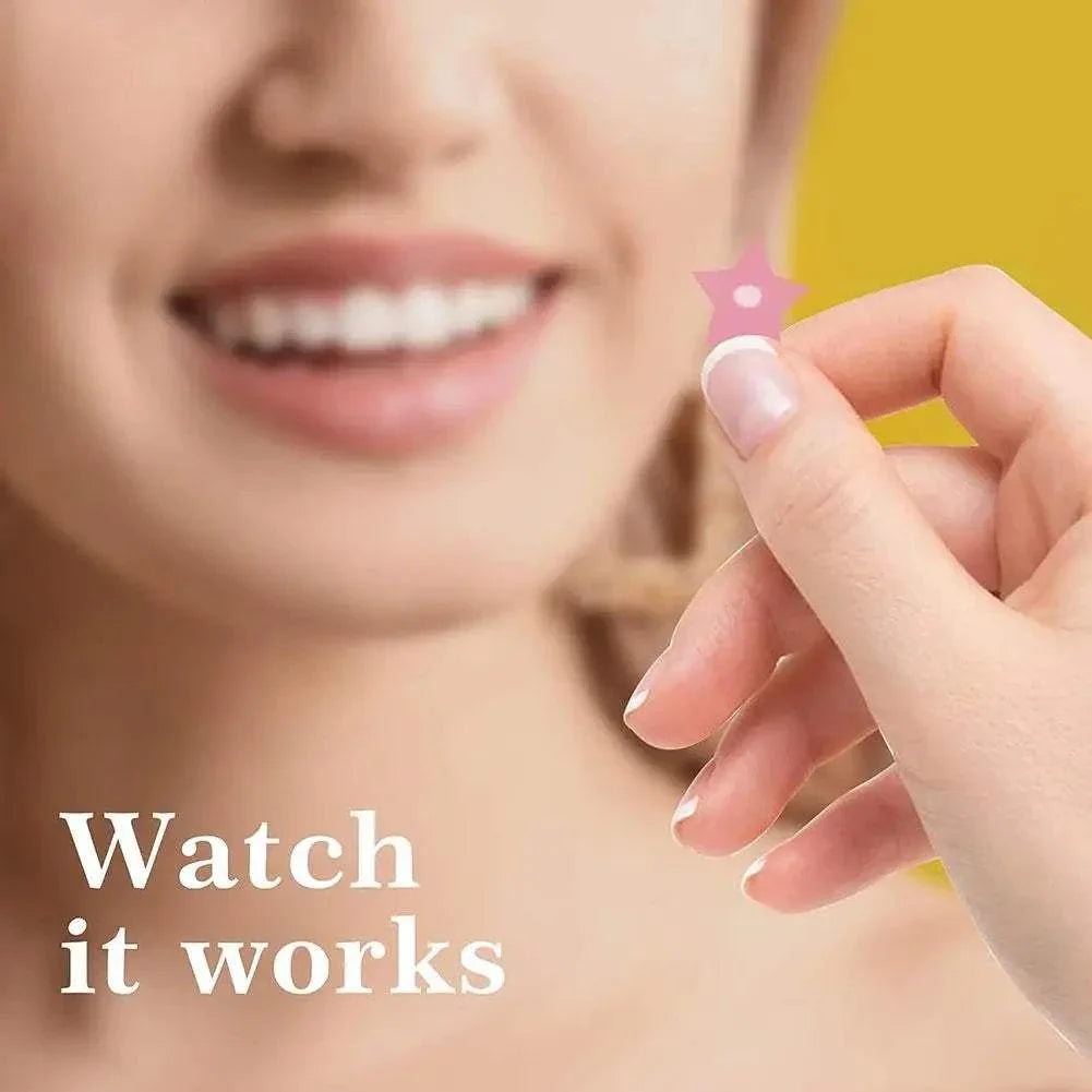 Hand holding a pink colorful star pimple patch near smiling face with text "Watch it works" showcasing acne-concealing skincare sticker.