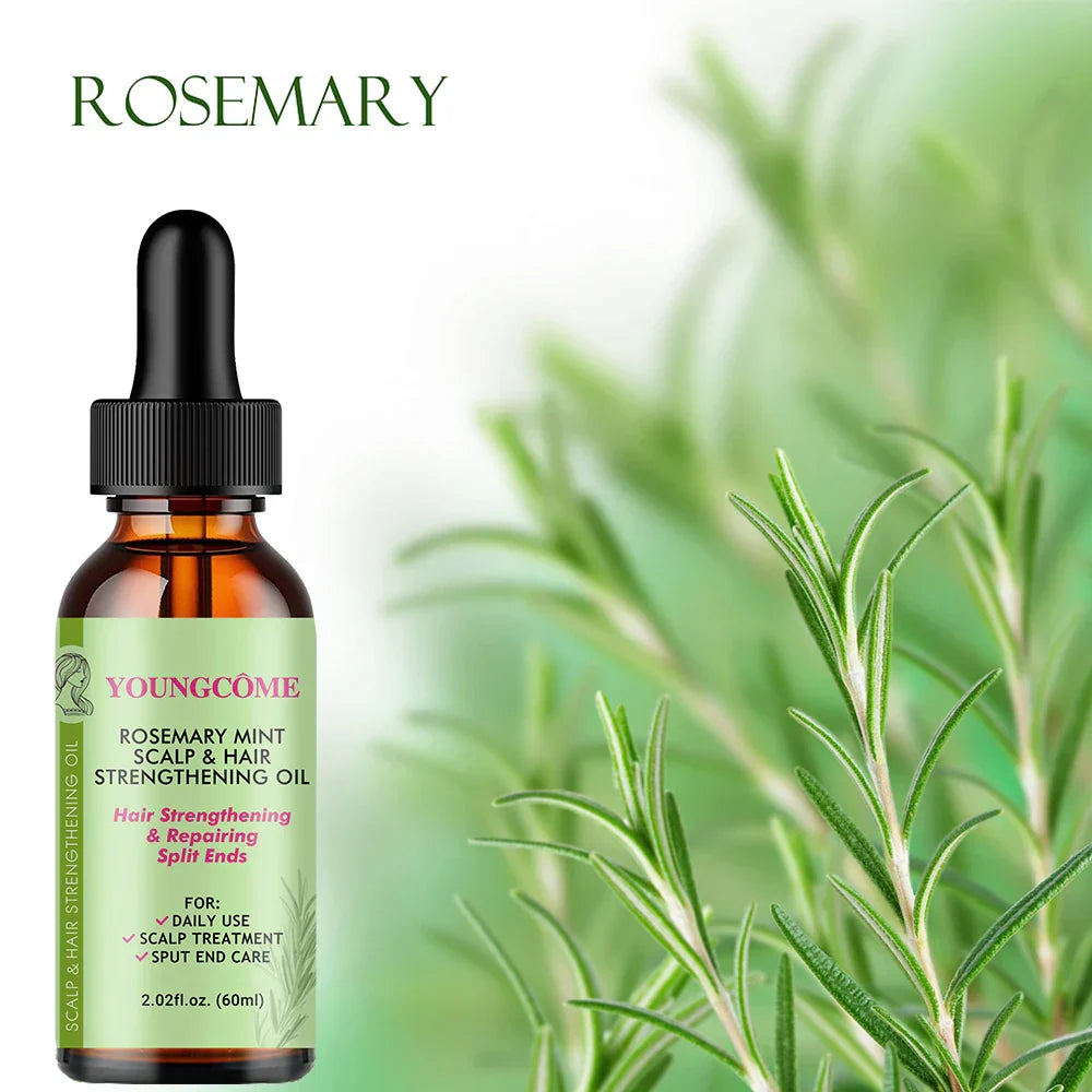 Rosemary Mint Hair Growth Oil bottle with fresh rosemary leaves background for hair strengthening and scalp care