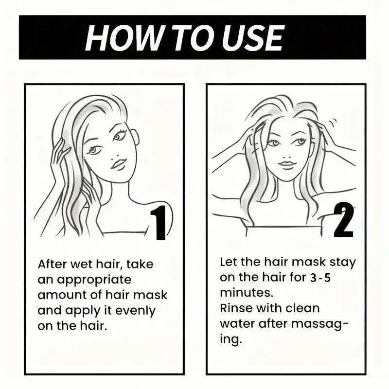 Instructions for using Keratine Magical Hair Mask showing application on wet hair and rinsing after 3-5 minutes.