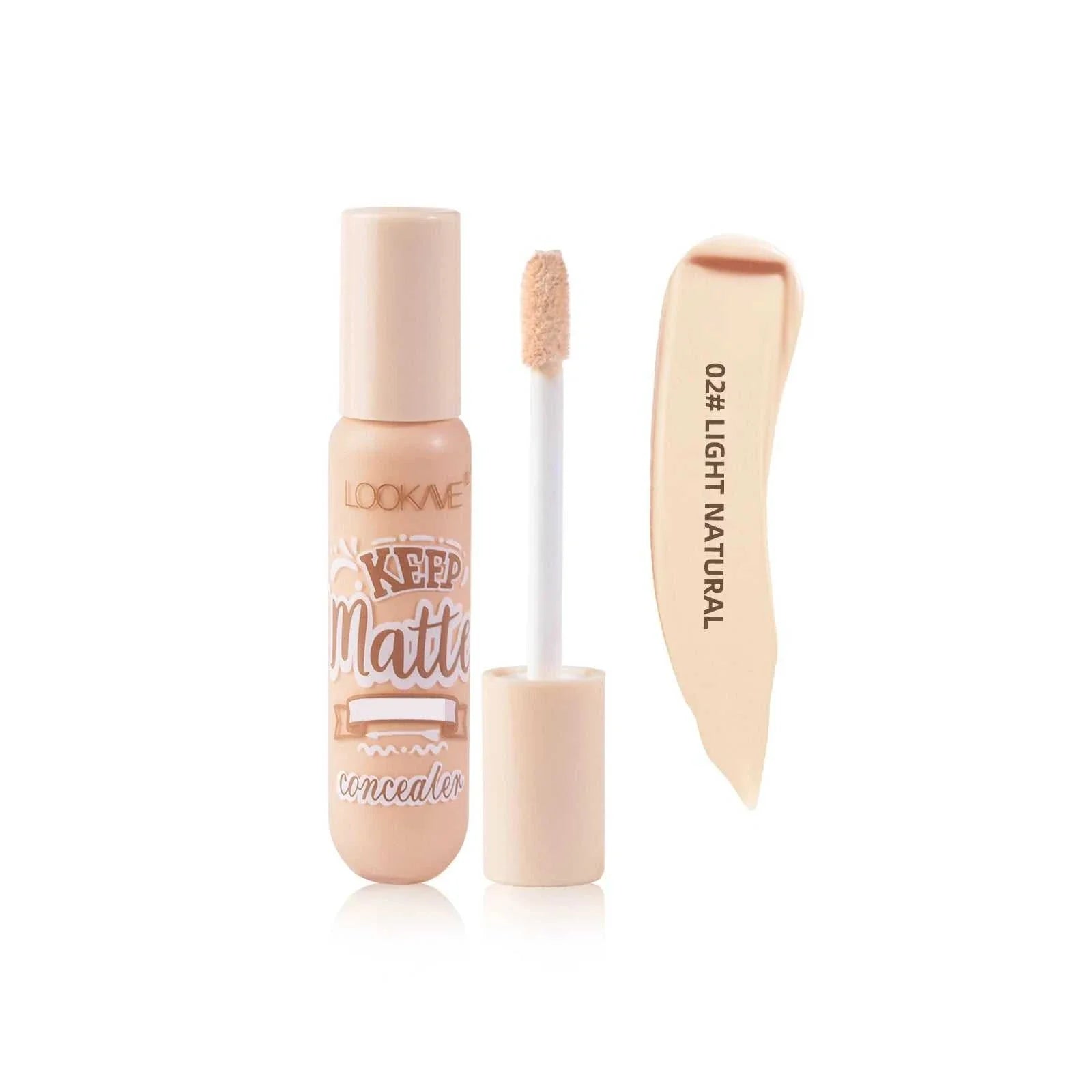 Liquid concealer stick foundation cream in light natural shade with applicator wand and swatch.