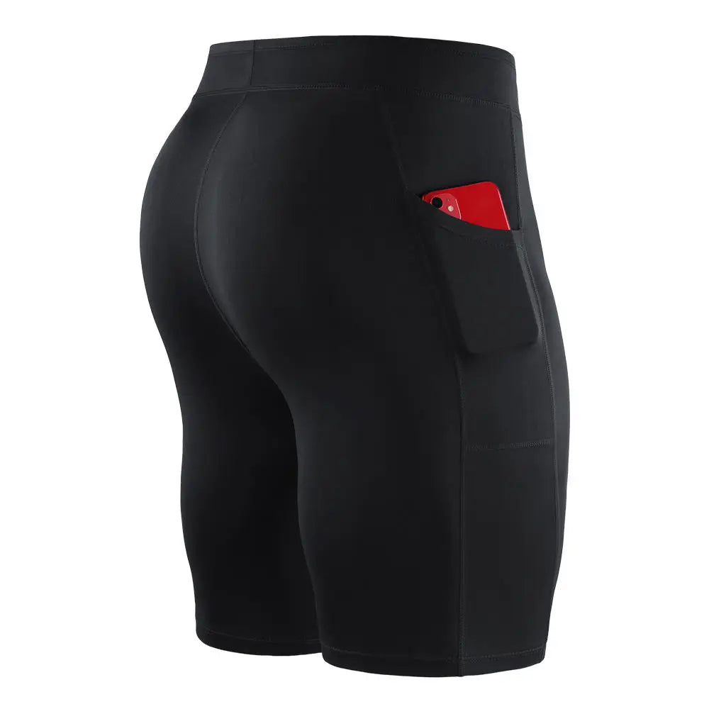Black men's outdoor running shorts with side pocket holding a red smartphone, designed for performance and comfort