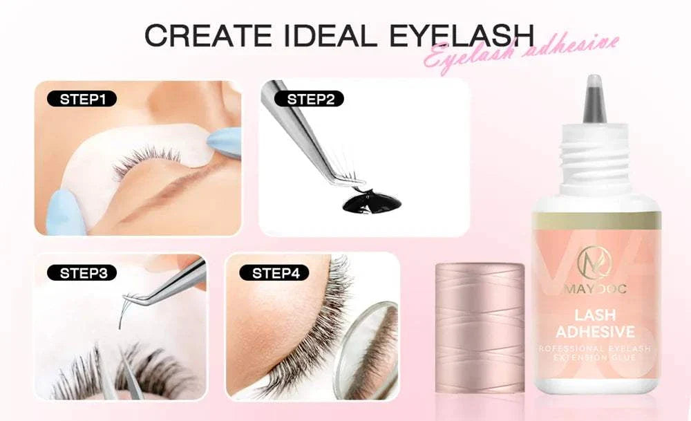 MAYOOC 0.3 Sec Eyelash Extension Glue bottle with step-by-step eyelash application process showing fast-dry adhesive for professional lash extensions