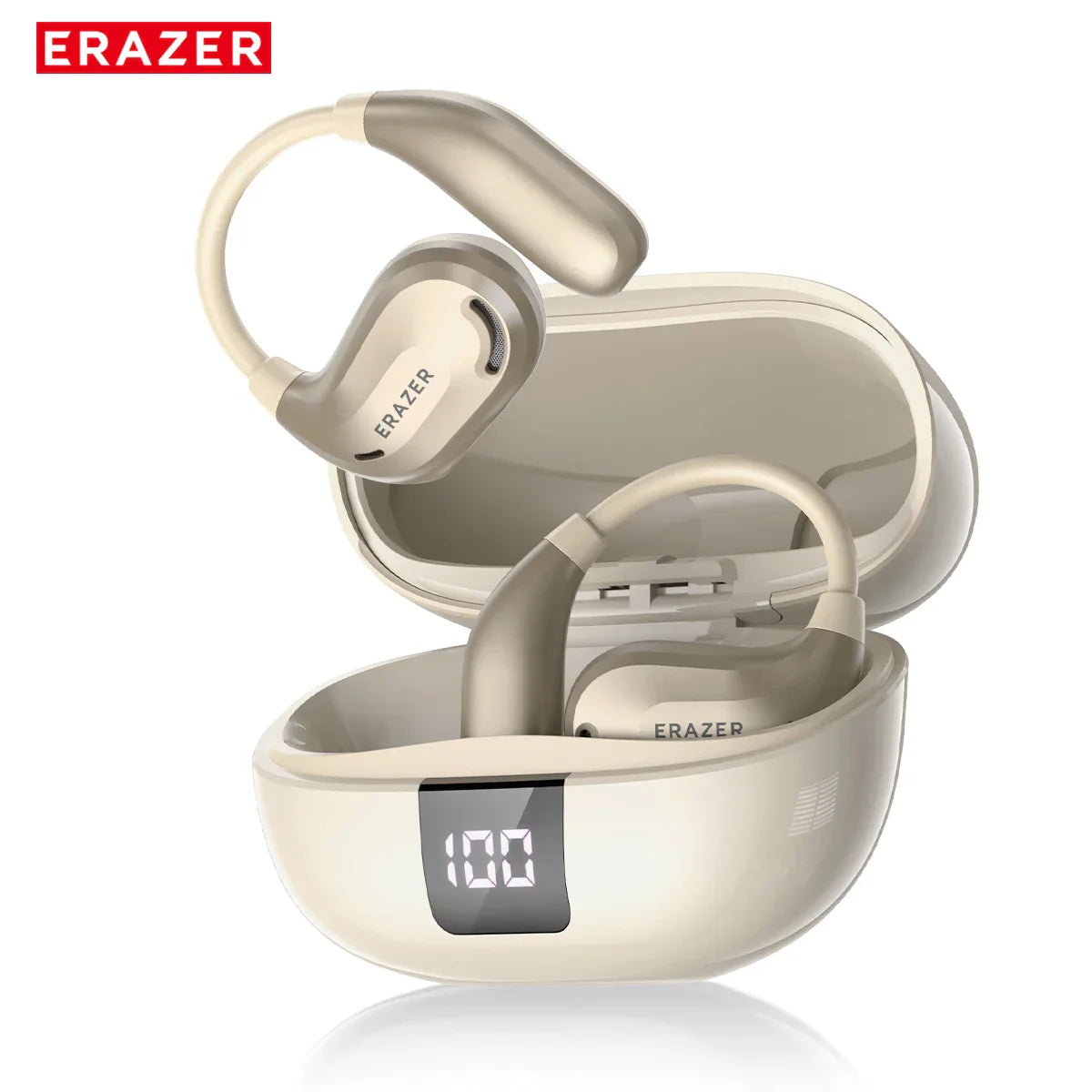Cream-colored ERAZER XT66PRO Bluetooth earphones with ergonomic over-ear hooks and LED display charging case showing battery percentage