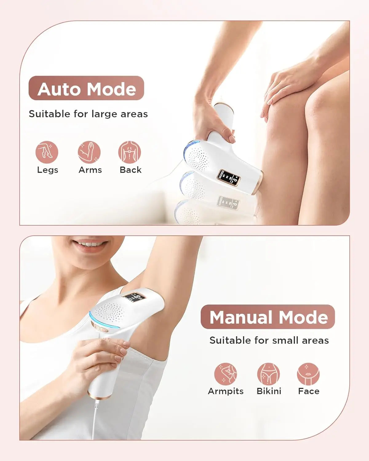 IPL Hair Removal Laser Device with auto and manual modes for legs, arms, back, armpits, bikini, and face hair removal