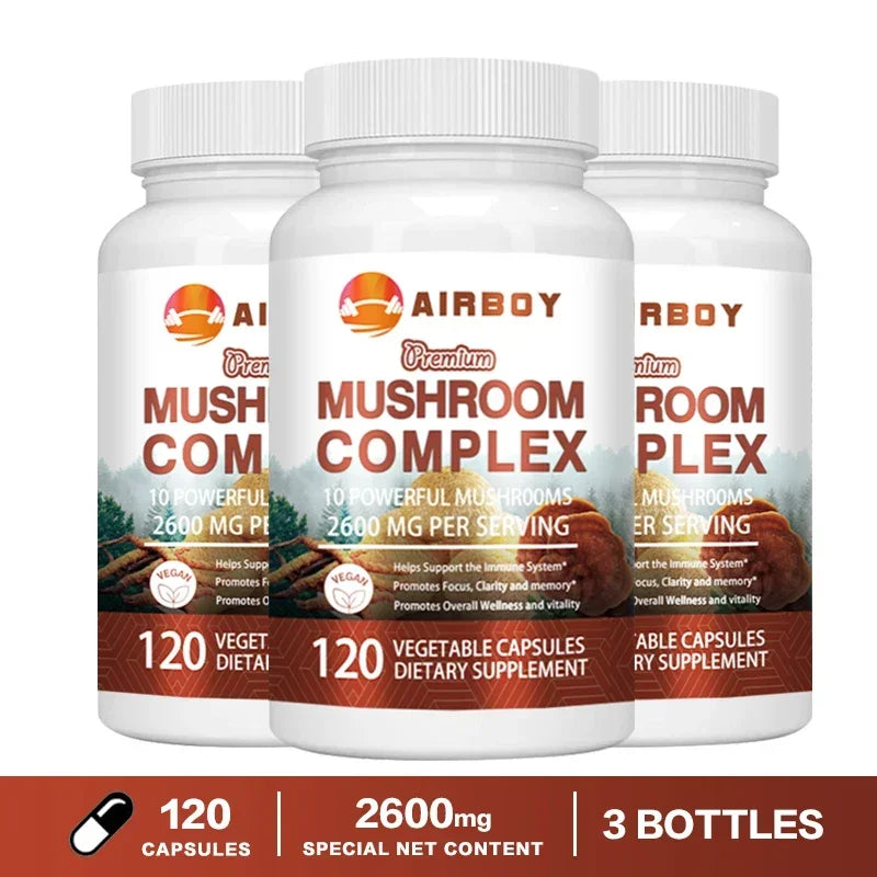 Three bottles of AirBoy Mushroom Complex Capsules dietary supplement with 120 vegan capsules each, featuring 2600 mg mushroom blend per serving for brain, energy, and immune support