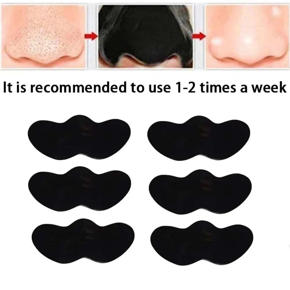 Facial blackhead removal stickers showing before and after nose pore cleansing results with six black strips.