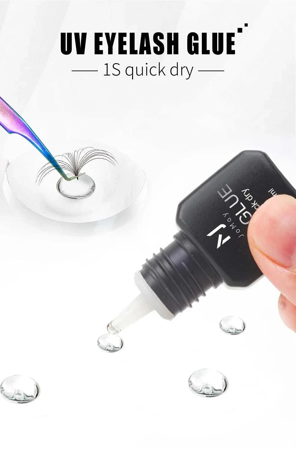 JOMAY UV Glue Adhesive bottle applying fast-drying clear eyelash extension glue drops with tweezers holding lash cluster above a white surface.