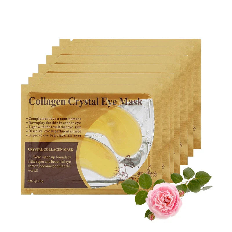 Gold Collagen Crystal Eye Mask packets with moisturizing and anti-aging under-eye patches, infused with collagen and plant extracts for hydration and puffiness reduction