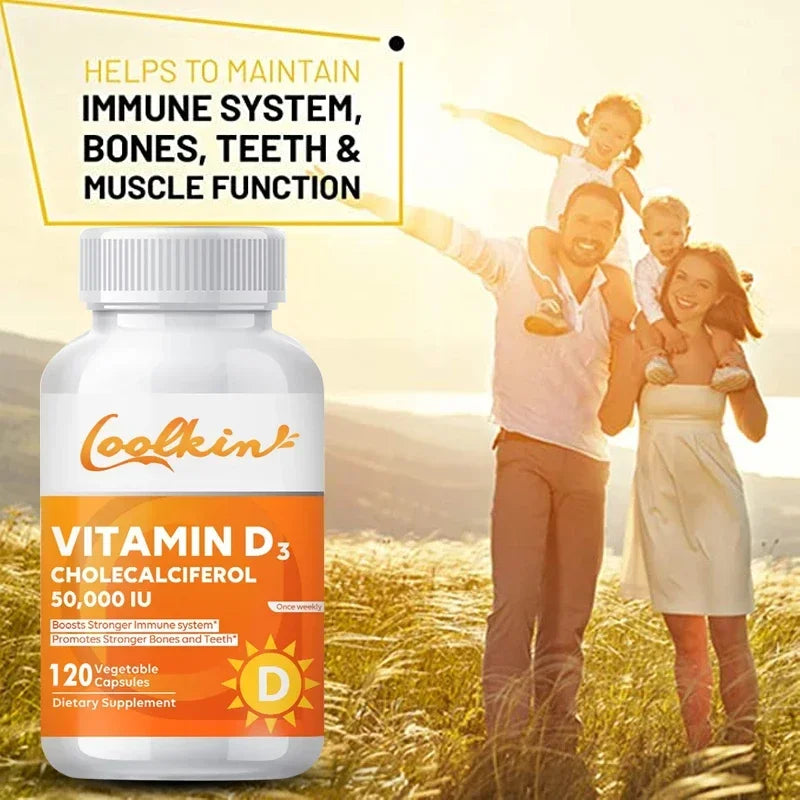 High Potency Vitamin D3 50,000 IU supplement bottle promoting immune, bone, teeth, and muscle health with happy family outdoors background