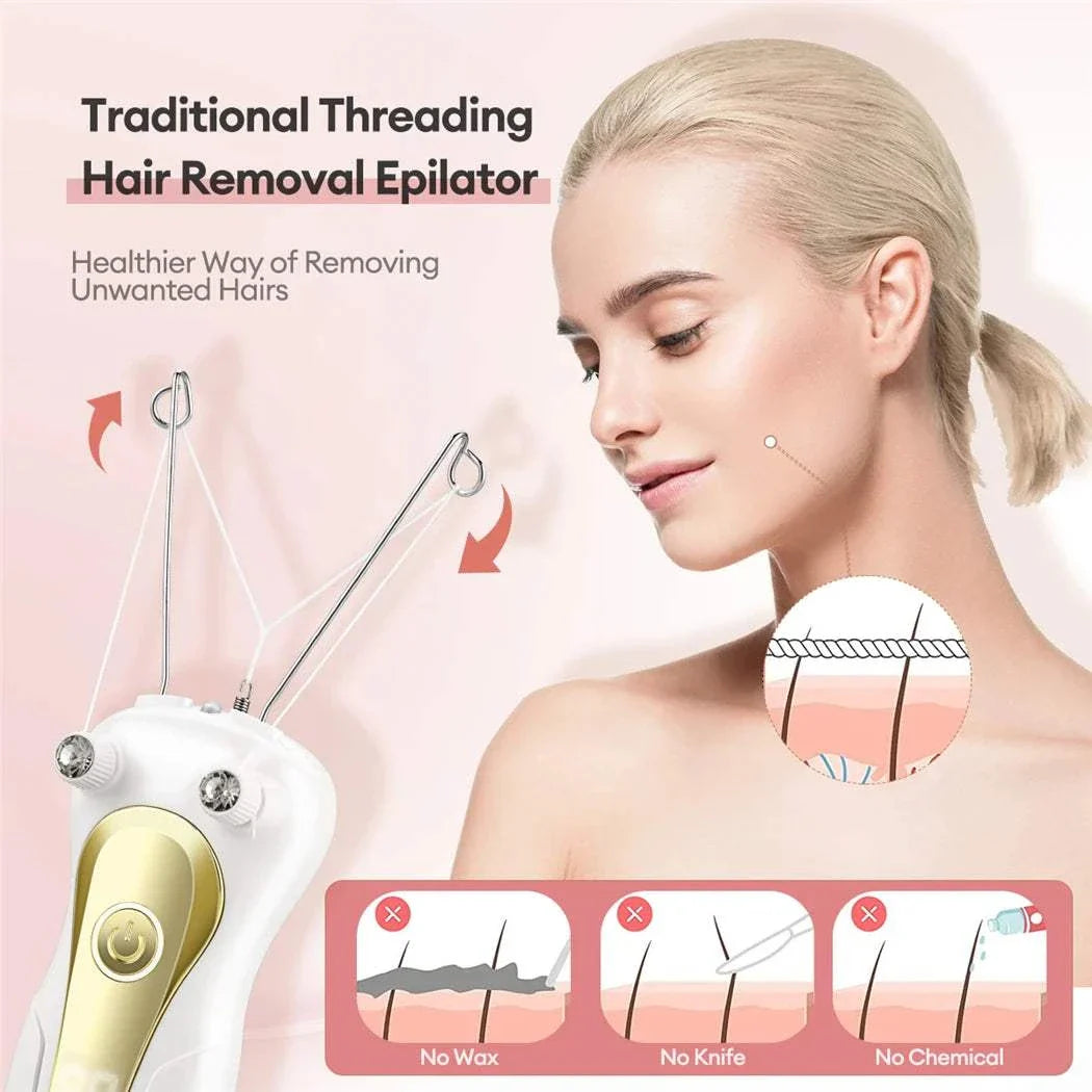 Electric body hair remover with traditional threading epilation technology for gentle, chemical-free hair removal on sensitive areas.