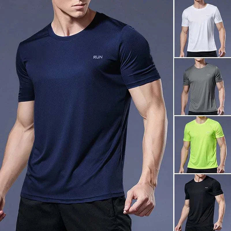 Men’s Quick-Dry Compression Sport T-Shirt in various colors, lightweight, breathable, and moisture-wicking for fitness and training.