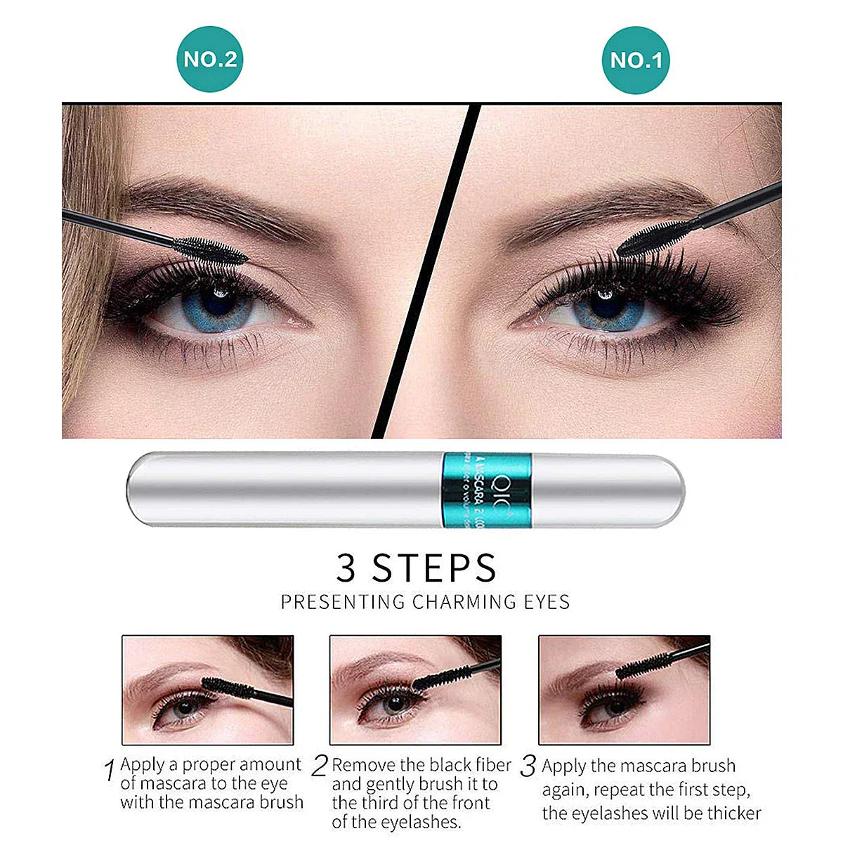 Double In-One Silk Fiber Mascara showing step-by-step application for volumized and lengthened lashes with waterproof, smudge-proof formula