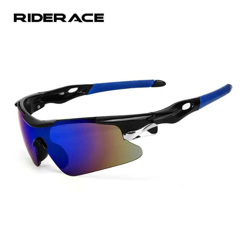 RIDERACE Sports Men Sunglasses with UV400 protection, lightweight durable frame, and blue mirrored lenses designed for cycling and outdoor activities