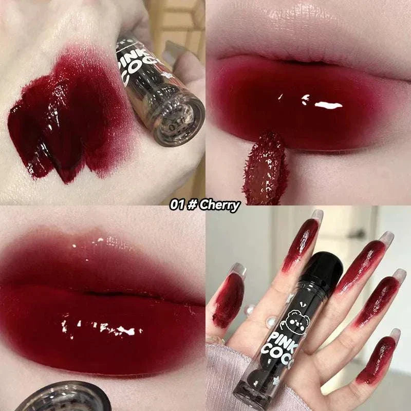 PINKCOCO Bear Doodle Mirror Lip Glaze in Cherry shade with glossy, deep red color and adorable bear-themed packaging