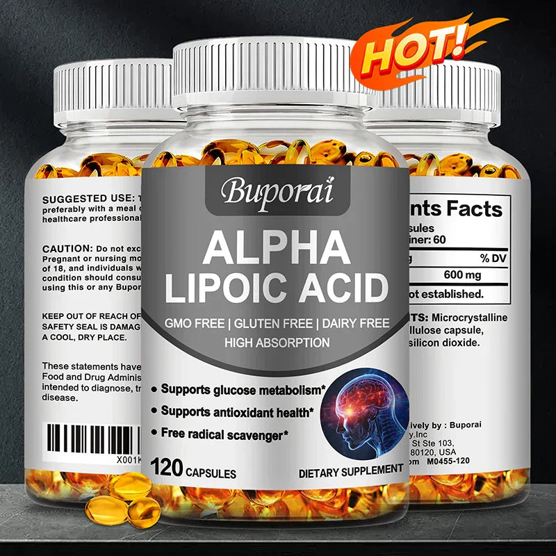 Bottle of Buporai Alpha Lipoic Acid 600mg dietary supplement capsules, antioxidant and energy support.