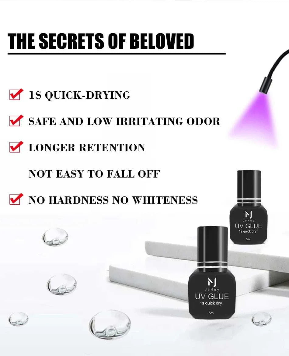 JOMAY UV Glue Adhesive quick-drying lash glue with low irritation, strong hold, and UV cure technology in sleek black bottles