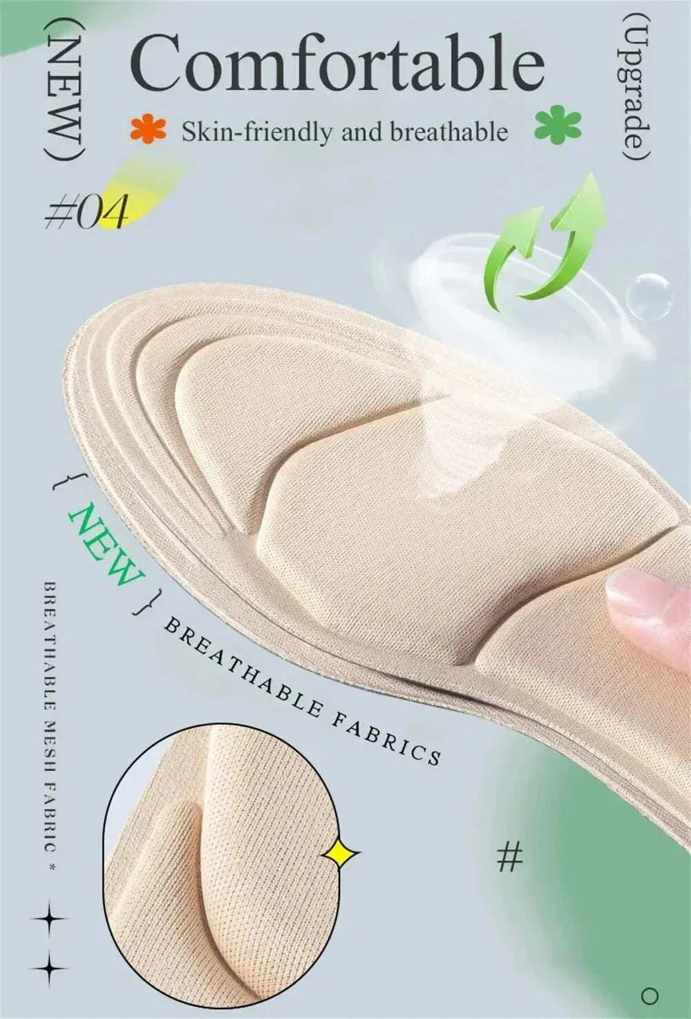Memory foam high-heel insoles for women with breathable, skin-friendly fabric and cushioned arch and heel support.