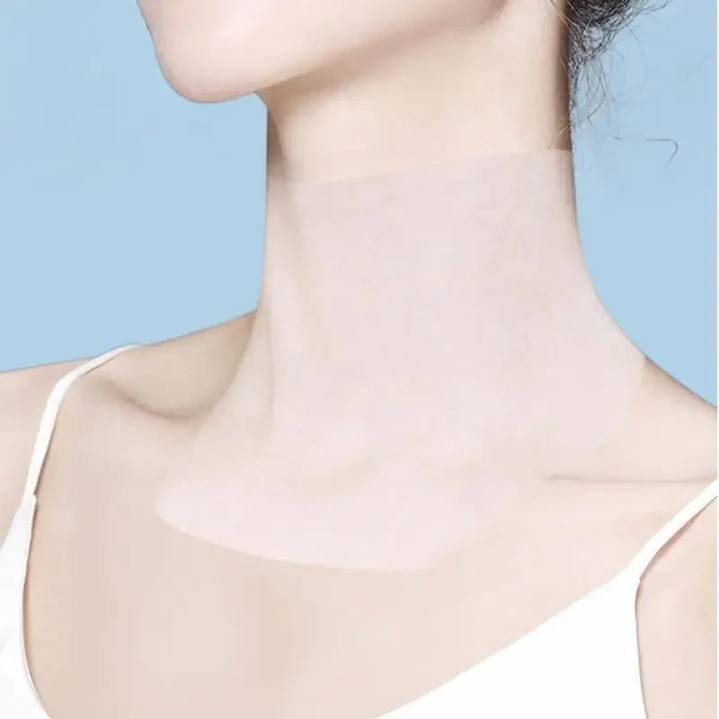 Woman wearing a Goat Milk Six Peptides Neck Mask for collagen firming and moisturizing