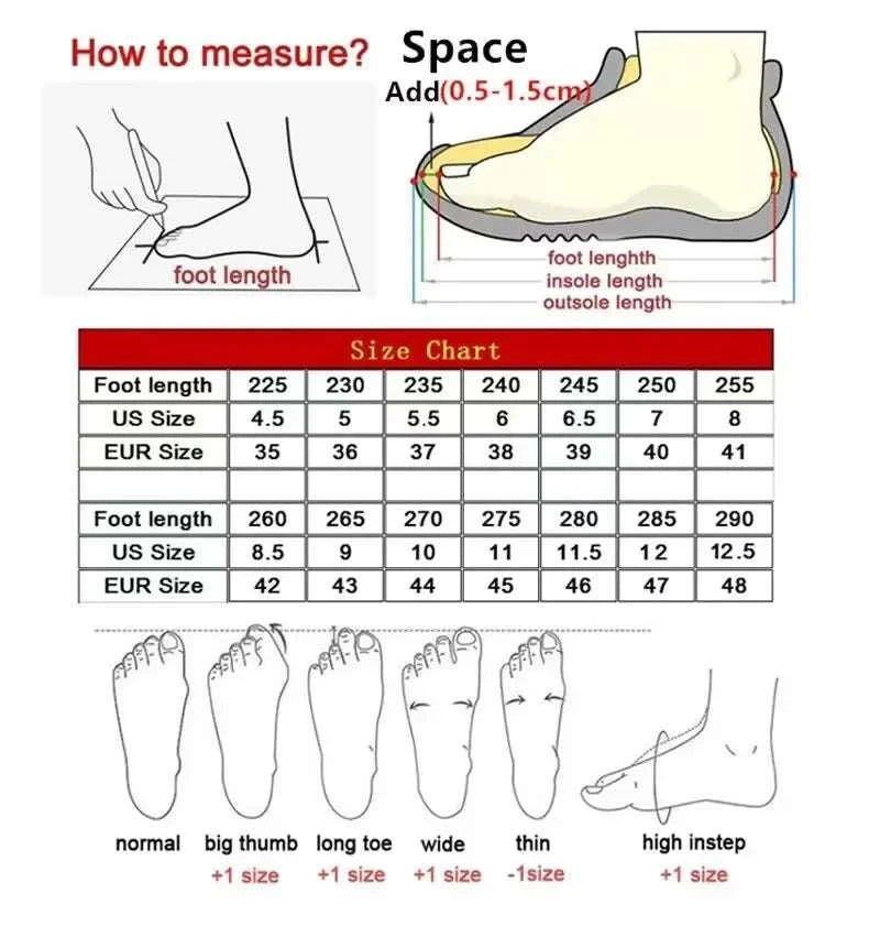 2025 New Men's & Women's Running Shoes size chart with foot measurement guide and foot shape adjustments for optimal fit