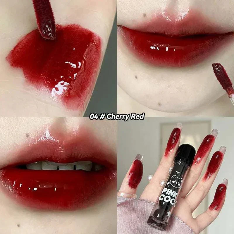 PINKCOCO Bear Doodle Mirror Lip Glaze in Cherry Red with glossy, hydrating finish and Cute bear packaging