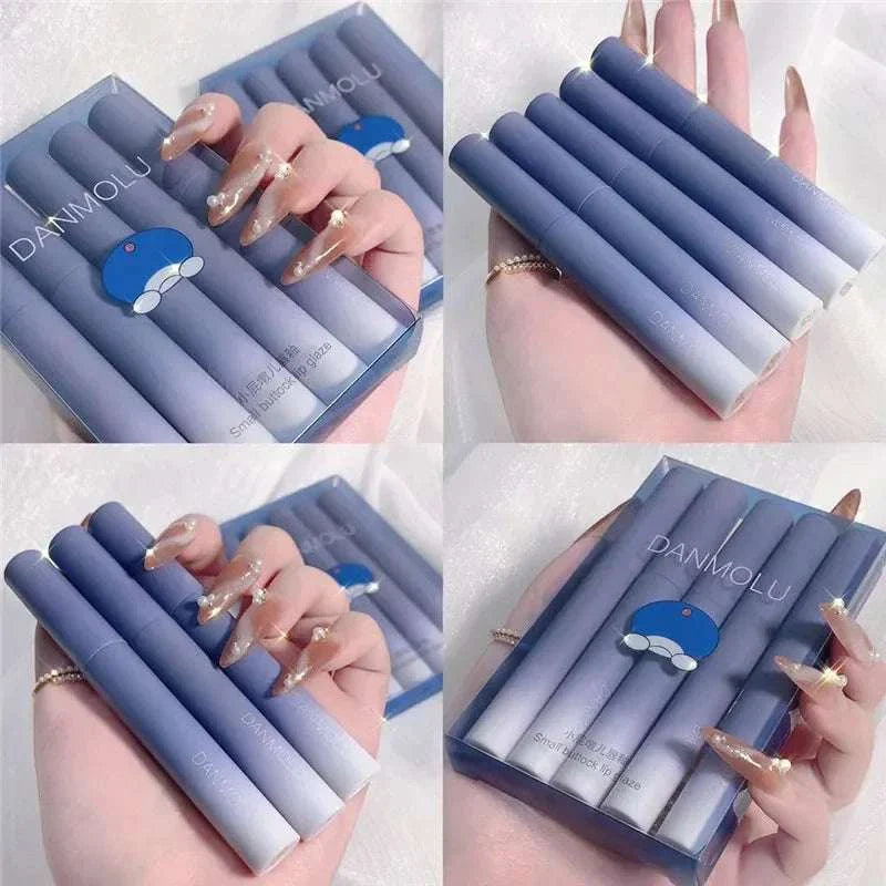 Matte Lipstick Set with 5 vibrant colors in sleek blue gradient tubes held in hand, waterproof and long-lasting matte finish.