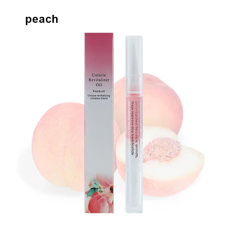 Peach scented cuticle revitalizer oil pen from 40PCS Cuticle Oil Pen Set with packaging and fresh peach background