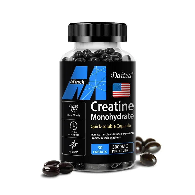 Daitea Creatine 3000 mg Monohydrate quick-soluble capsules for muscle endurance and synthesis, non-GMO, 30 count bottle