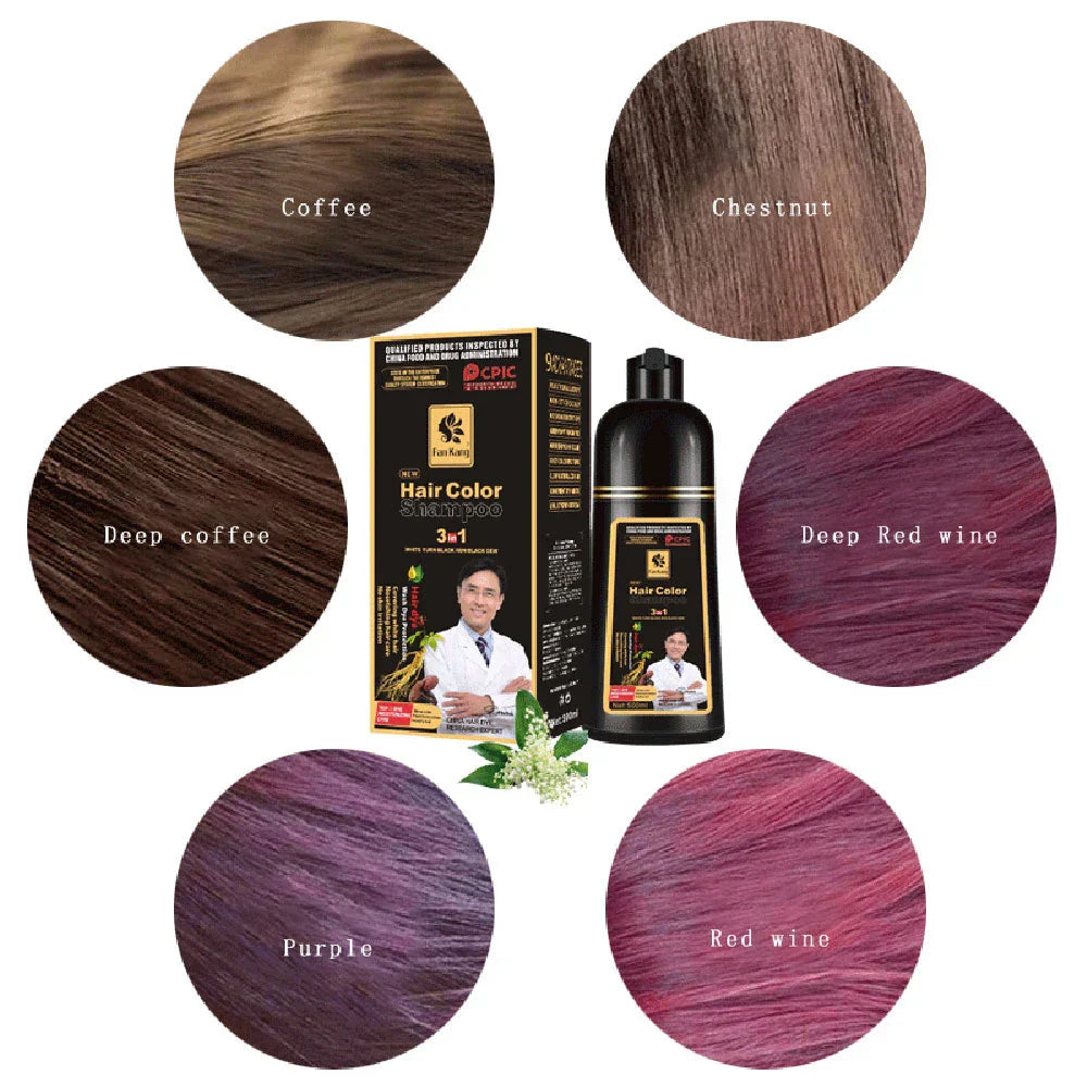 500ml organic permanent hair dye shampoo with natural plant-based formula and six color options including coffee, chestnut, deep coffee, deep red wine, purple, and red wine