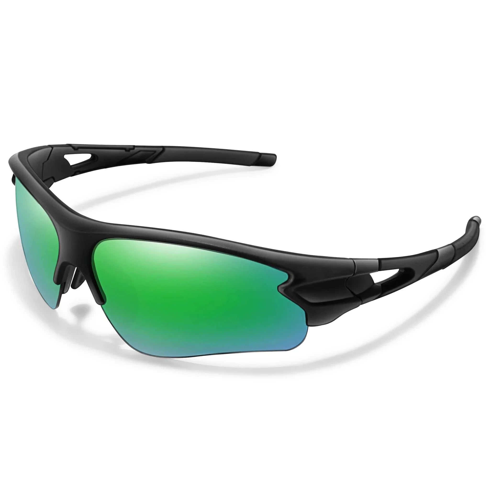 Brand Fashion Women & Men Sunglasses with green mirrored lenses and black sporty frame for outdoor sports and UV400 protection