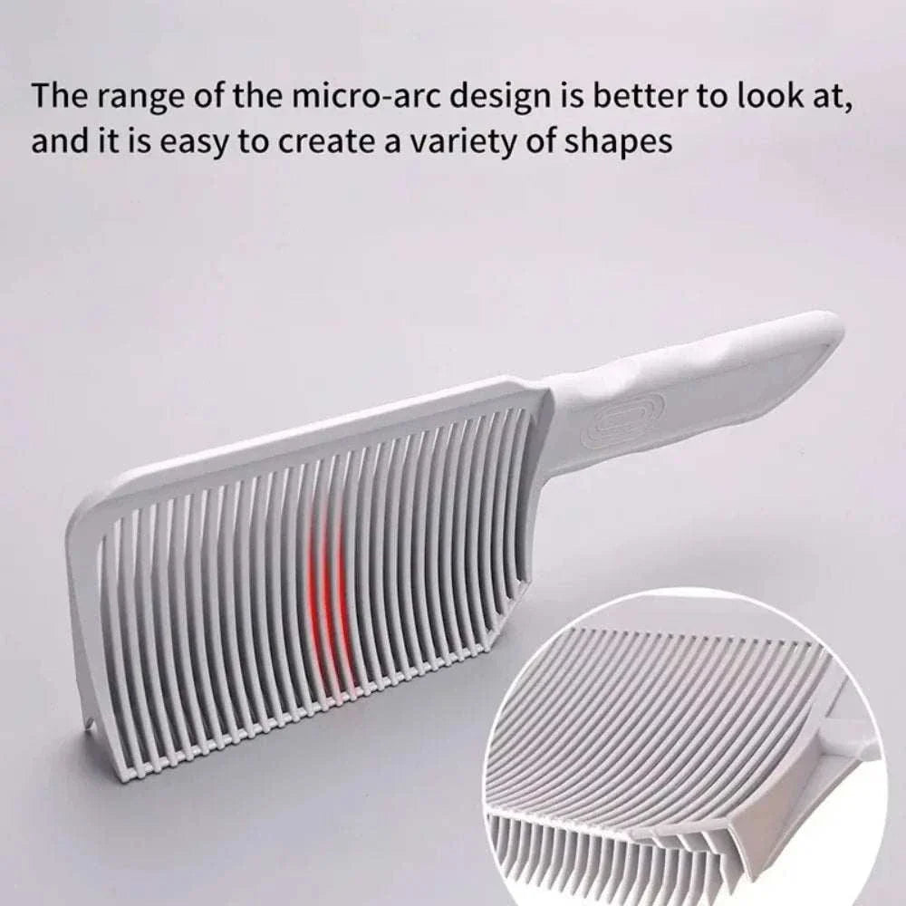 White barber fade comb with ergonomic handle and micro-arc teeth design for precision fades and flat top haircuts