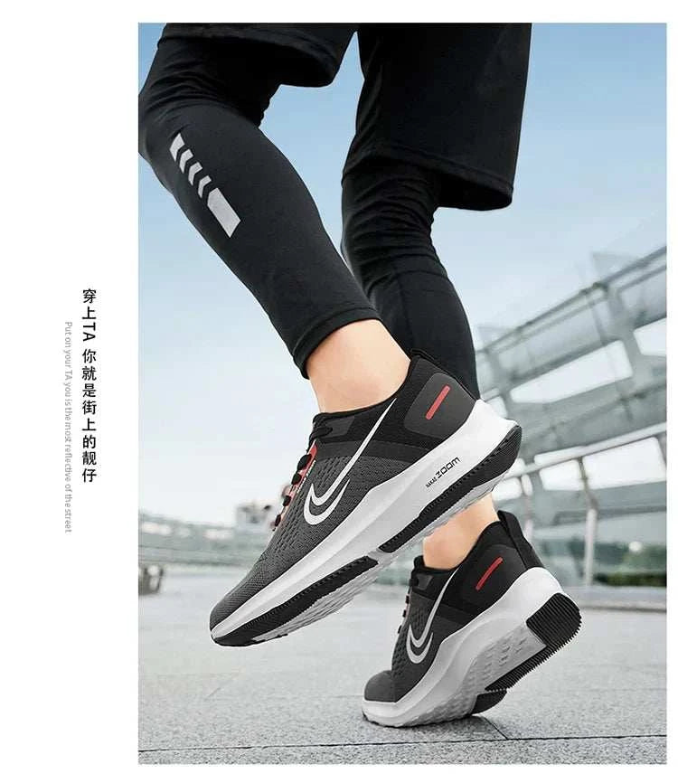 Men's lightweight running shoes in black with breathable mesh and non-slip soles, designed for athletic sports and running.