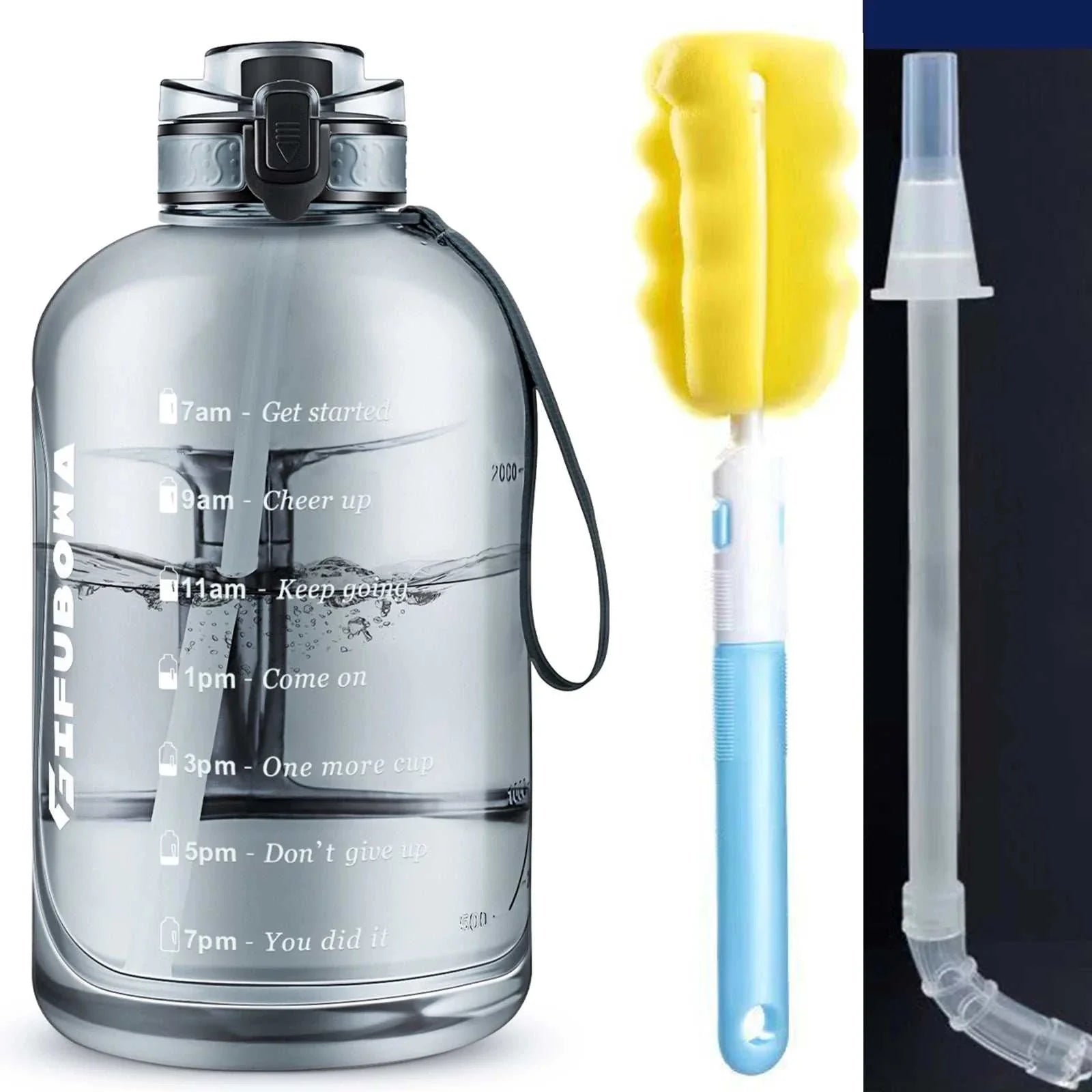 3L motivational water bottle with time markers, leak-proof lid, flip straw, and comfortable handle for fitness and daily hydration.