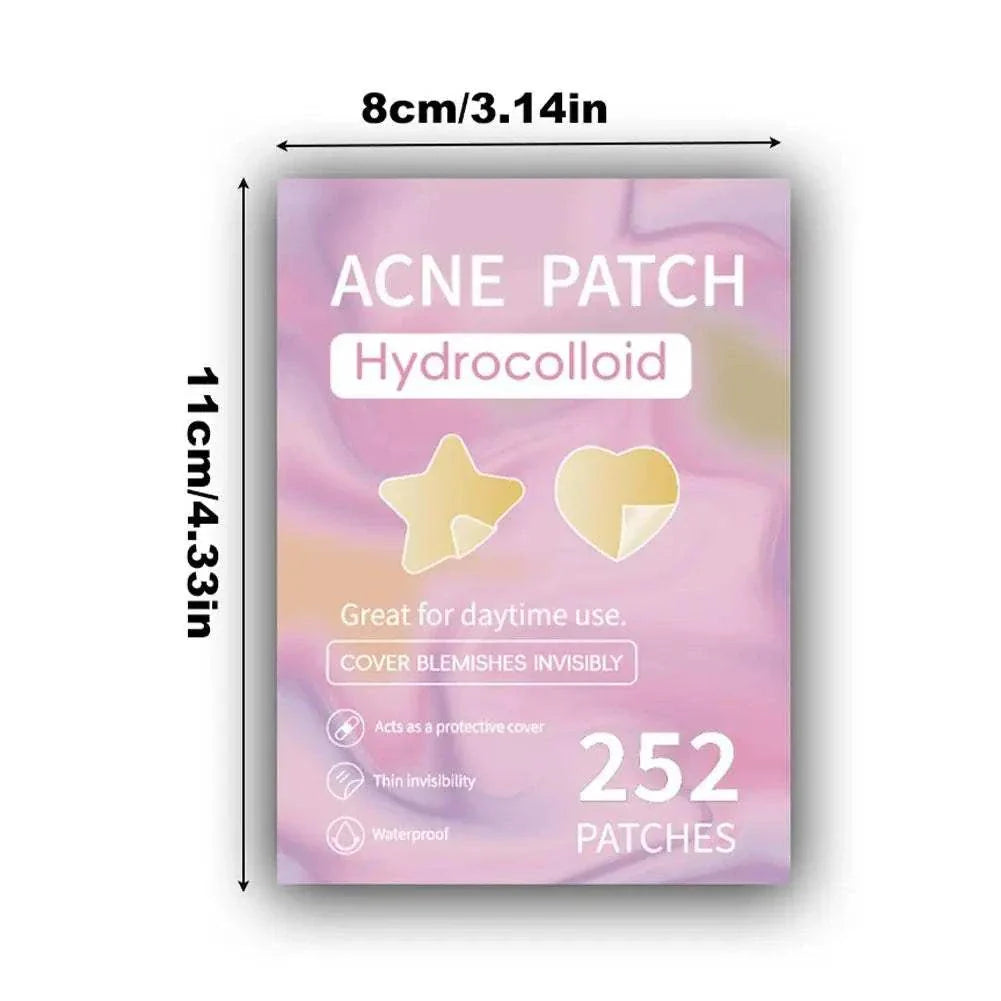 Colorful star-shaped hydrocolloid acne patch pack with 252 invisible, waterproof pimple stickers for daytime blemish cover.