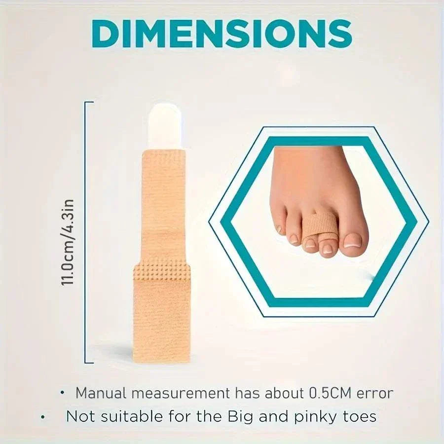 Reusable Hammer Toe Straightener showing dimensions with beige fabric design for toe alignment and relief from hammer toe discomfort