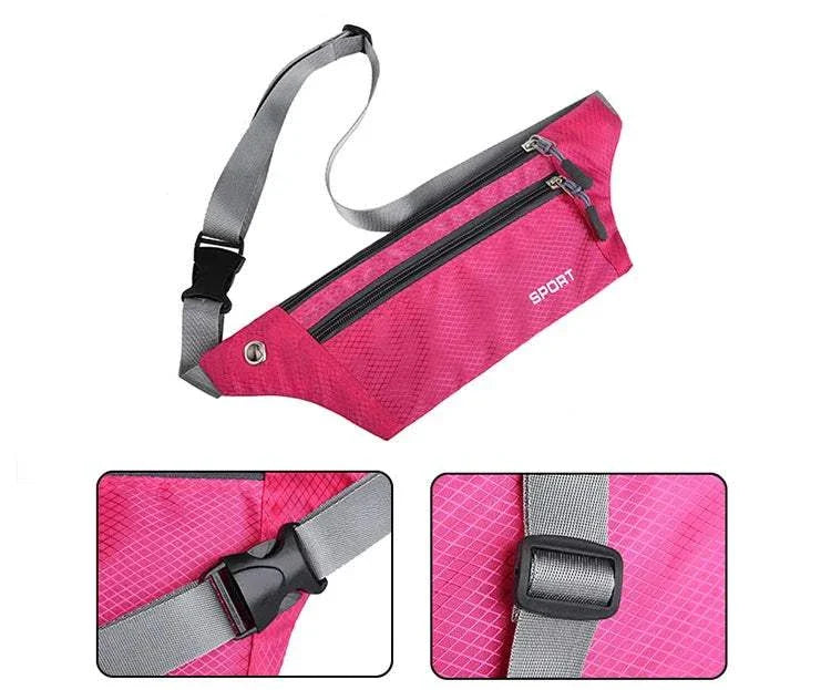 Pink nylon waist and chest bag with adjustable gray strap and dual zipper compartments for sports and travel use