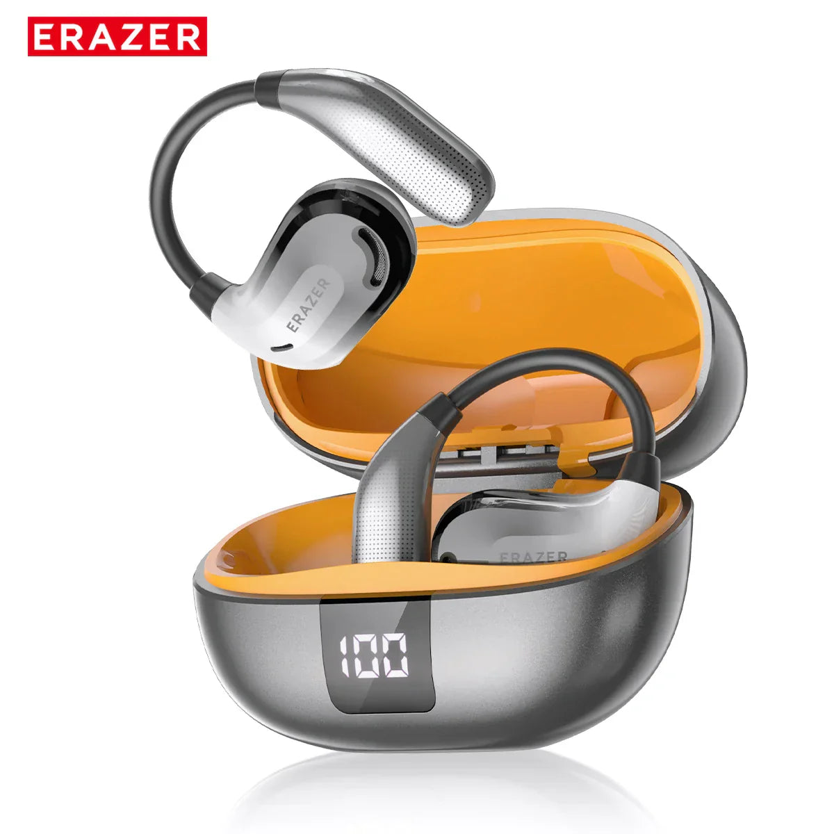 ERAZER XT66PRO Bluetooth earphones with ergonomic design, LED display charging case, and advanced features like AI translator and 13-hour battery life
