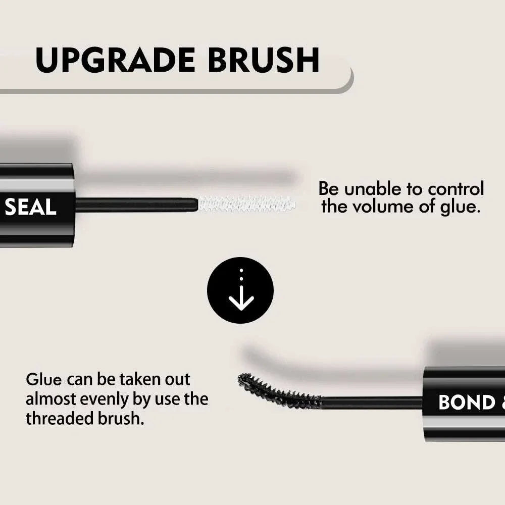 2-in-1 Bond & Seal Lash Glue with dual-headed design featuring threaded and volume control brushes for precise, waterproof lash application