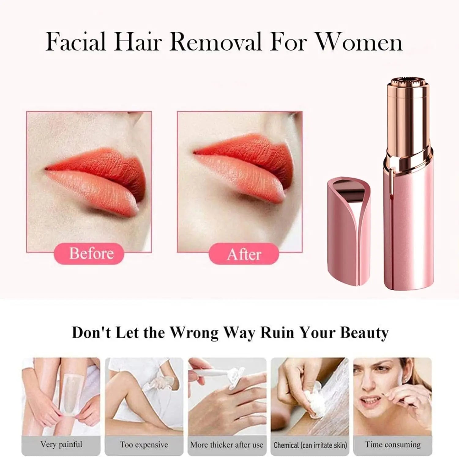 Facial hair removal for women with mini electric razor showing before and after lip hair removal and portable pink epilator device