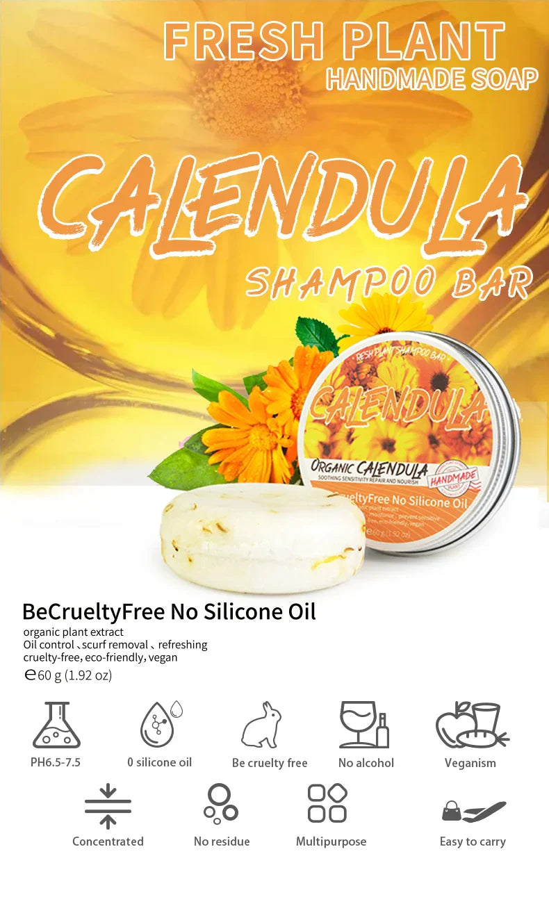 Calendula Plant Shampoo Soap bar with natural calendula extract, silicone-free, cruelty-free, and eco-friendly for oil control and scalp purification