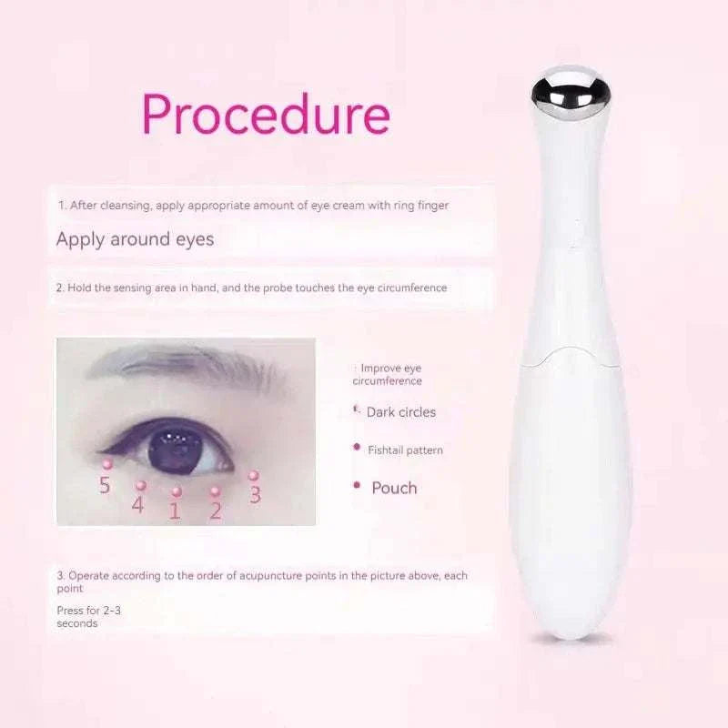 Home Electric Eye Massage device for reducing dark circles, puffiness, and fine lines with gentle vibration and warm function.
