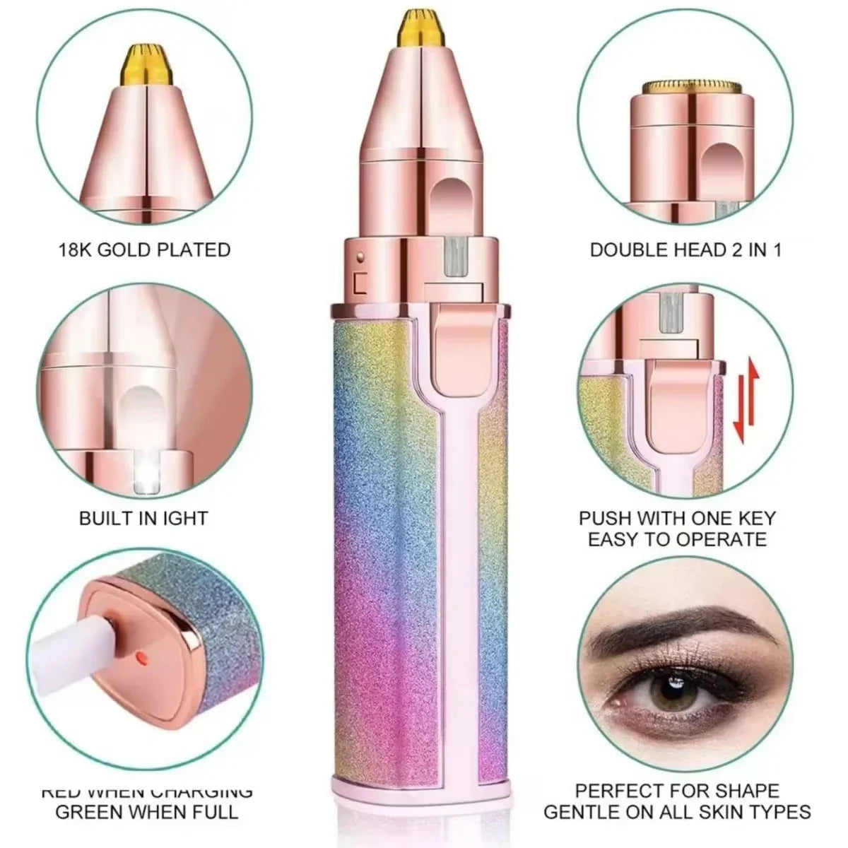 Compact rechargeable facial hair removal device for women with 18K gold-plated double heads, built-in light, and ergonomic one-key operation.