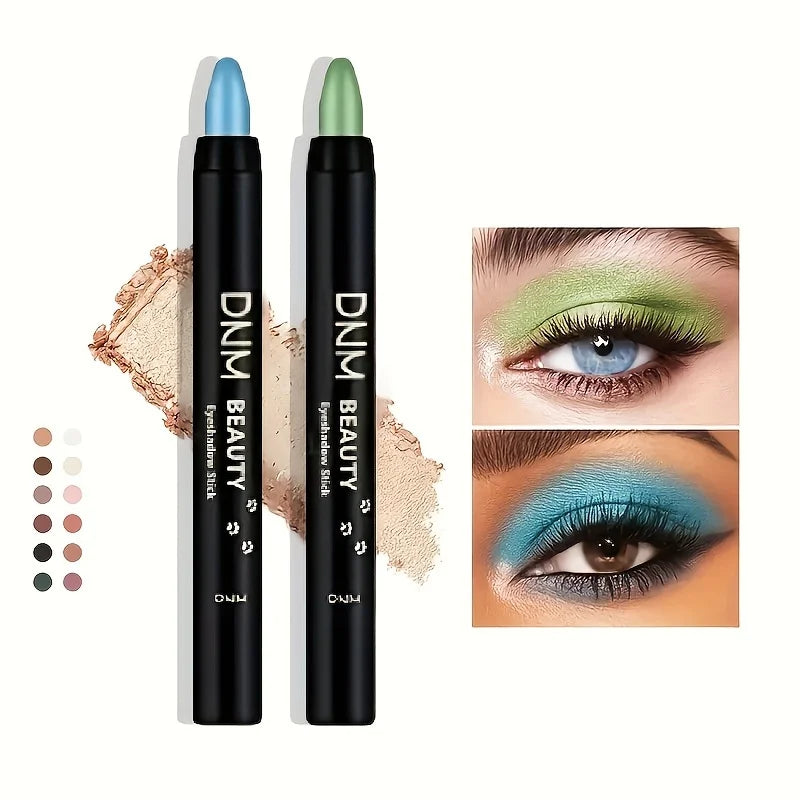 16-color pearlescent glitter eyeliner sticks with green and blue shades, shown with glitter eyeshadow looks on eyes