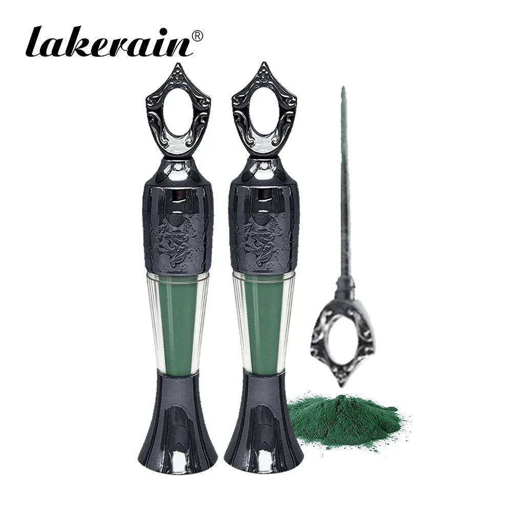 4-Colors Etro Bottle Powder Eyeliner in green shade with ornate black applicator and loose powder displayed