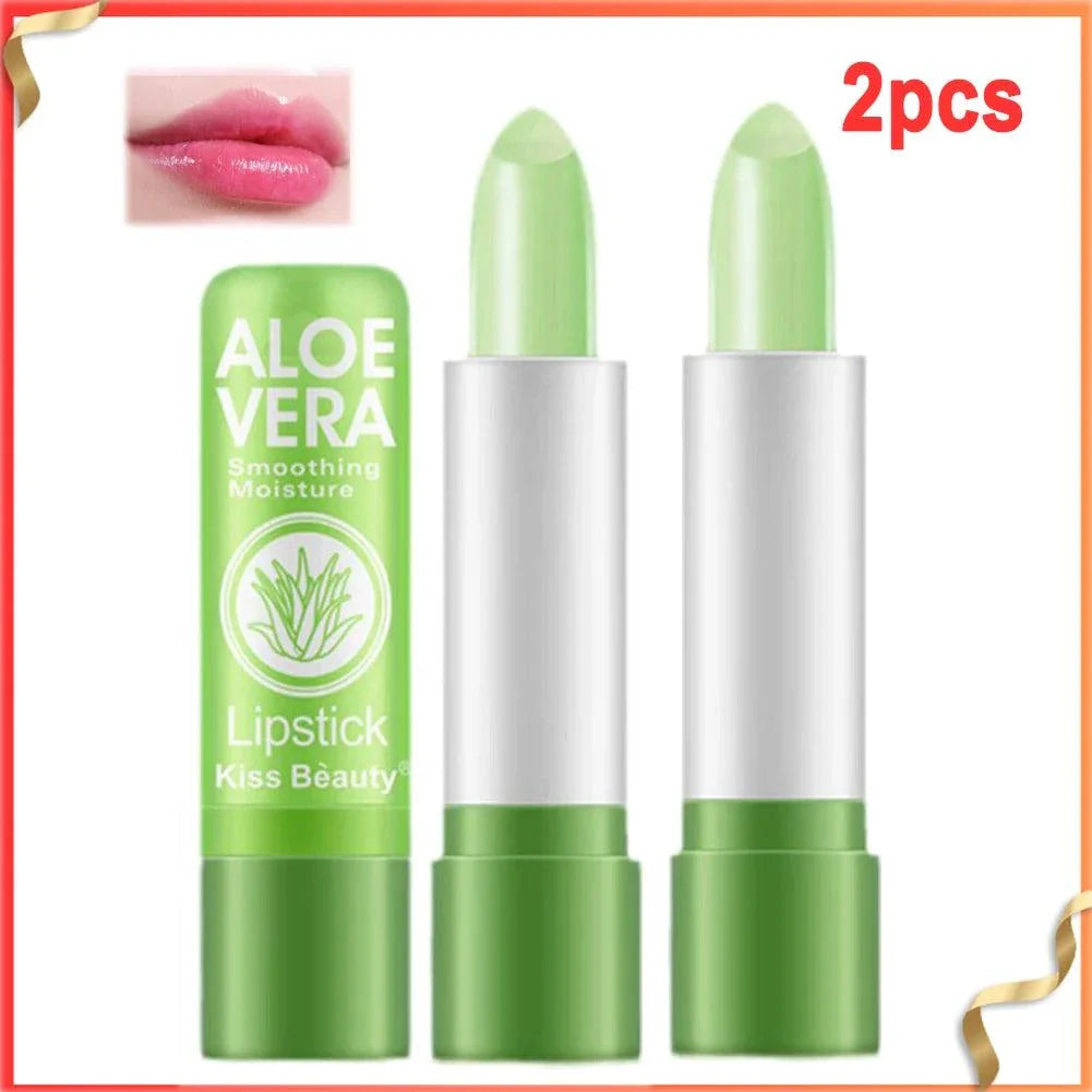 Aloe Vera color-changing lipstick with soothing, moisturizing balm and temperature-activated pink shade in green tubes, set of two.