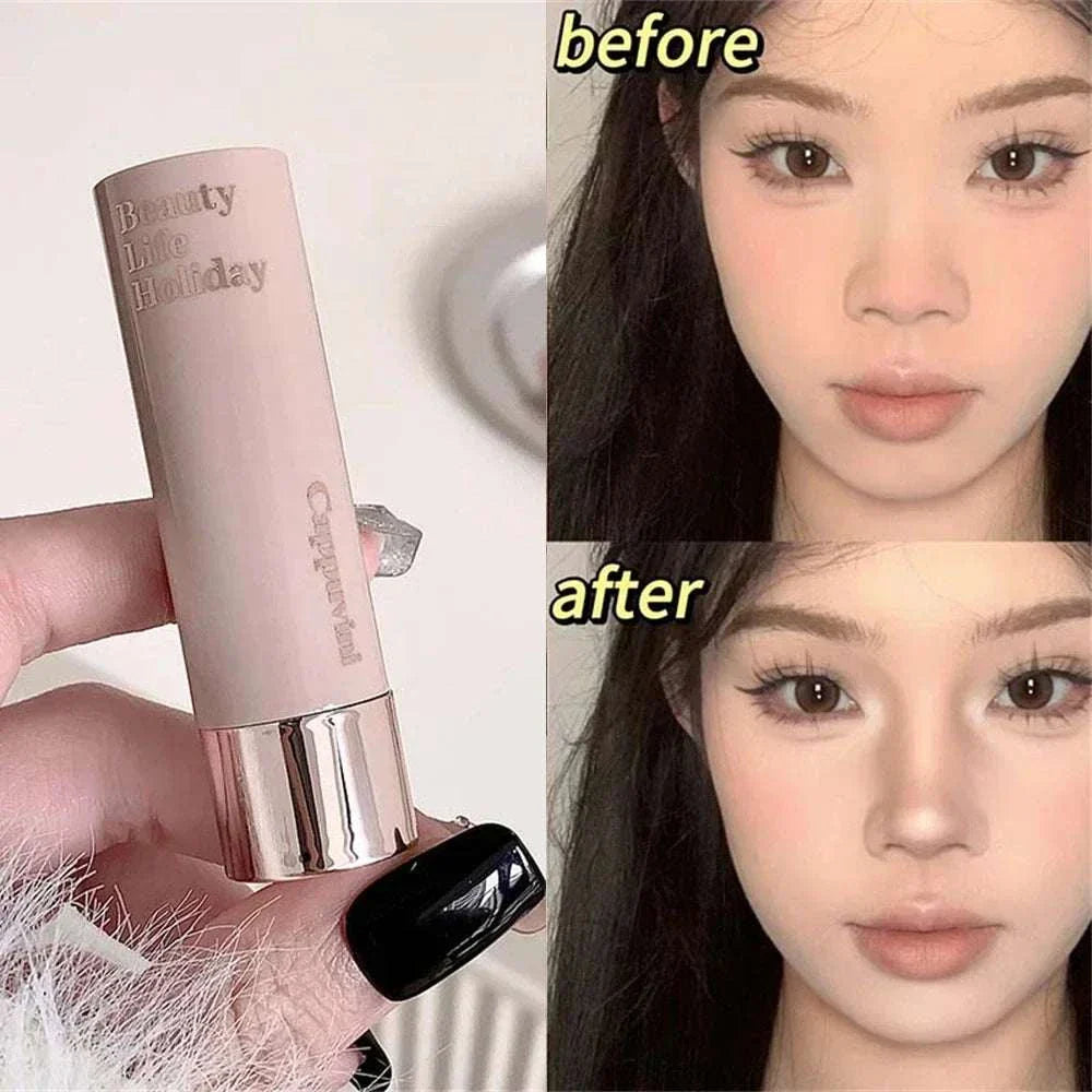 Moisturizing matte concealer contour stick held in hand with before and after face makeup transformation showing smooth, defined, and brightened skin effects