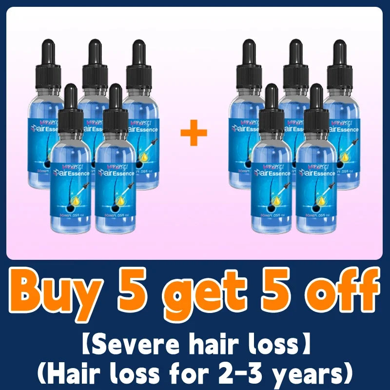 Blue Bottle Hair Growth serum for severe hair loss, buy 5 get 5 free promotion, blue dropper bottles, nourishing and stimulating hair growth formula