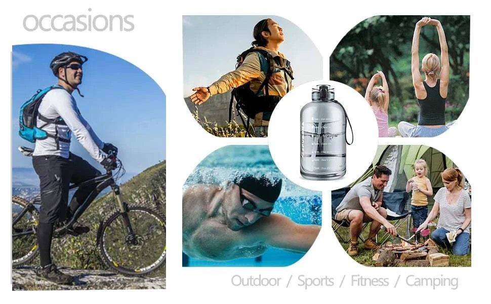 3L Motivational Water Bottle with time markers, flip straw, and handle, ideal for outdoor sports, fitness, and camping activities.